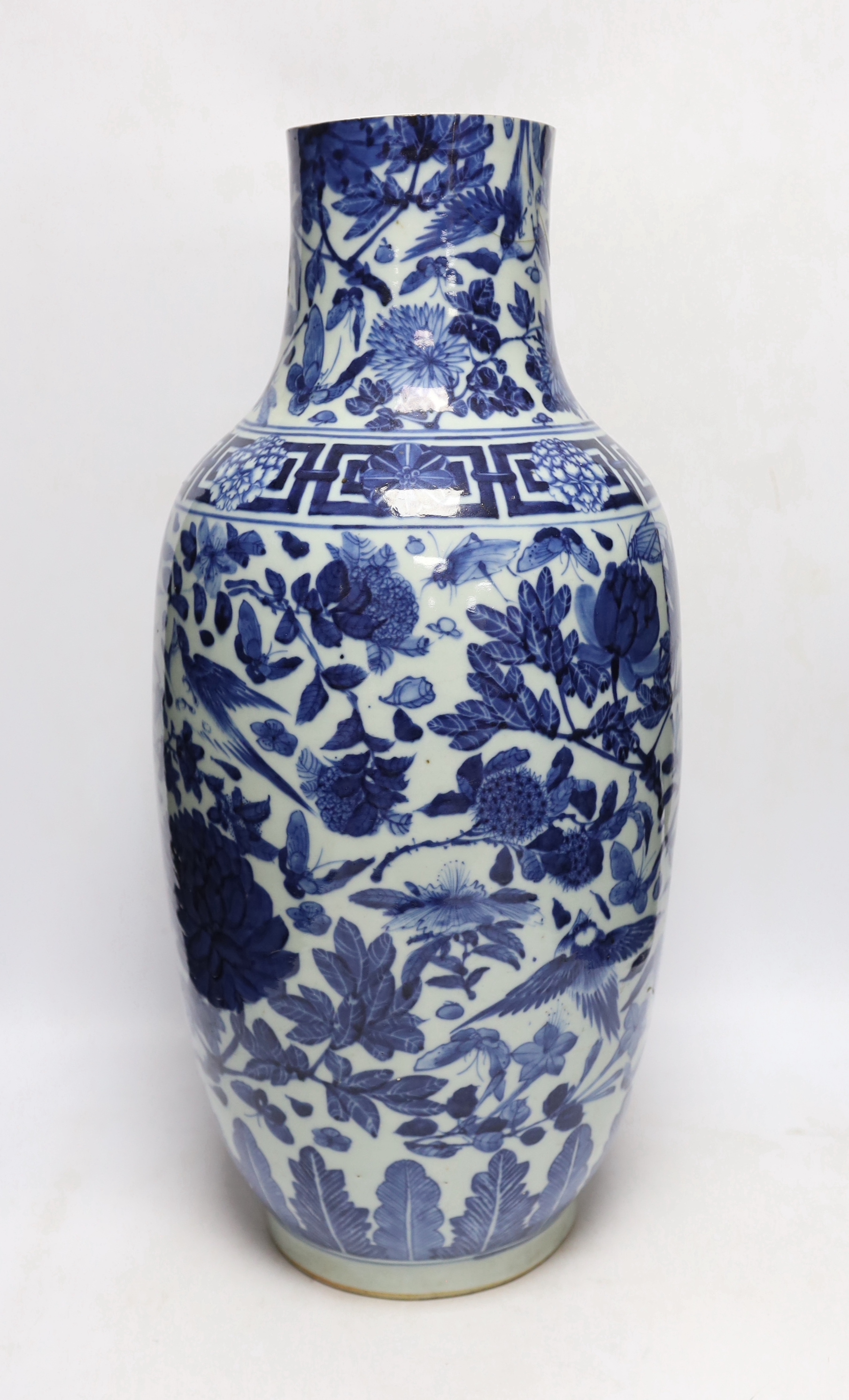A large Chinese blue and white ‘birds amid foliage’ vase, late 19th century, 54cm